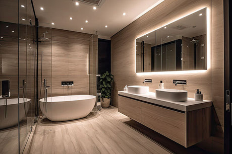 Luxury modern bathroom with double vanity, freestanding bathtub, glass shower, and illuminated mirror.