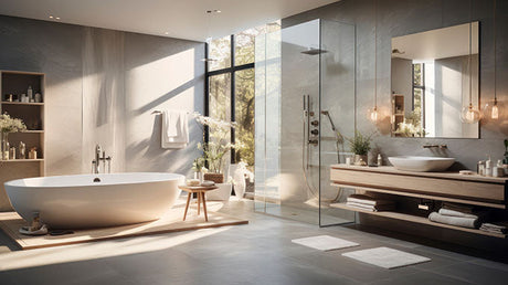 luxury modern bathroom with freestanding tub, glass shower, wood vanity, and vessel sink