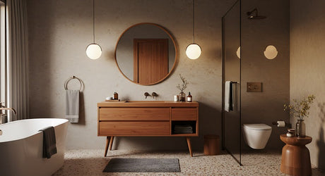 Mid century modern bathroom with timber vanity, round mirror and globe pendant lights