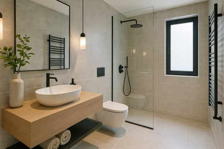 Modern bathroom with walk-in shower, wood vanity, vessel sink, and black fixtures