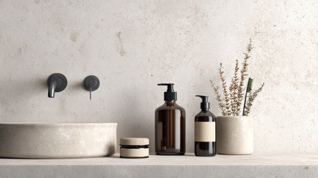 Stone basin with amber pump bottles, dried stems and matte grey wall taps