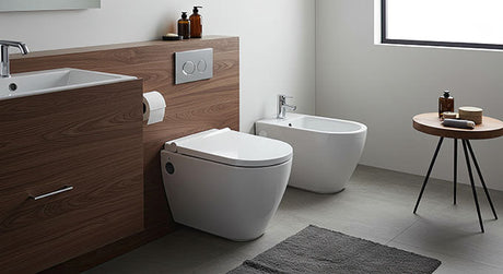 Modern bathroom featuring a wall-hung toilet and bidet beside a wooden vanity