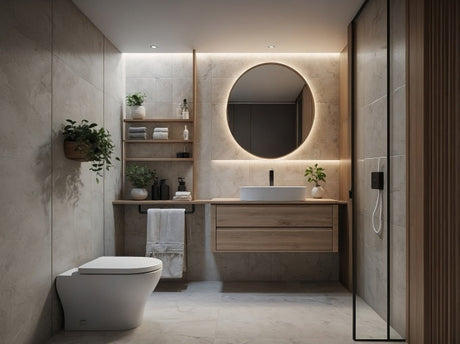Modern bathroom with floating vanity, round LED mirror, wall-mounted toilet, and glass shower.