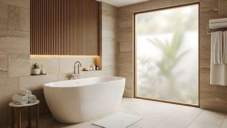 Modern bathroom interior with freestanding bathtub and natural light