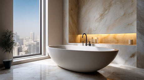 Modern bathroom interior with freestanding oval bathtub, marble walls and ambient niche lighting