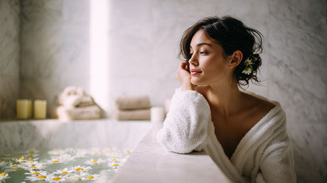 Woman in white robe relaxing beside a marble bath with floating daisy petals