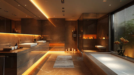 Modern bathroom with layered lighting design showing ambient, task and accent lighting working together