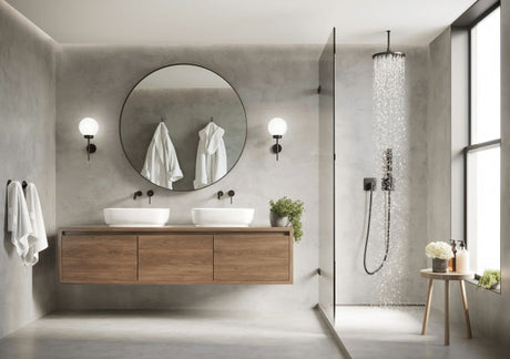 Modern bathroom featuring a round mirror, walk-in shower, and neutral colour palette