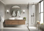 Modern bathroom featuring a round mirror, walk-in shower, and neutral colour palette