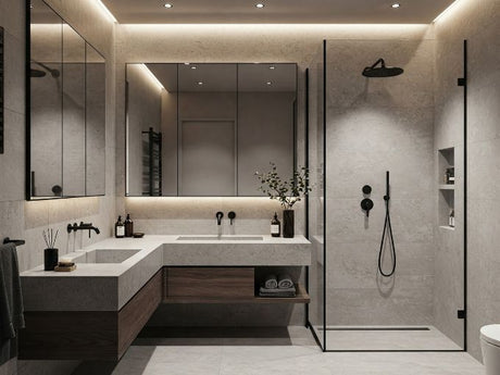 Contemporary bathroom with walk-in shower recess, frameless glass panel, wall niche, and black fixtures