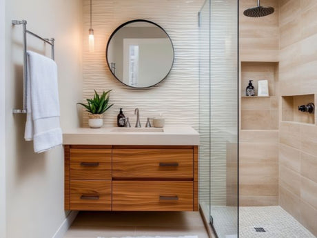 modern bathroom vanity with round mirror, wooden drawers, and glass shower enclosure nearby