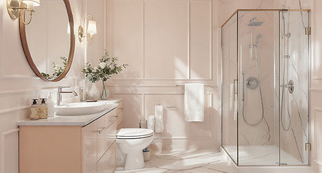 Modern bathroom interior with vanity, basin, toilet, and glass shower enclosure in a warm neutral palette