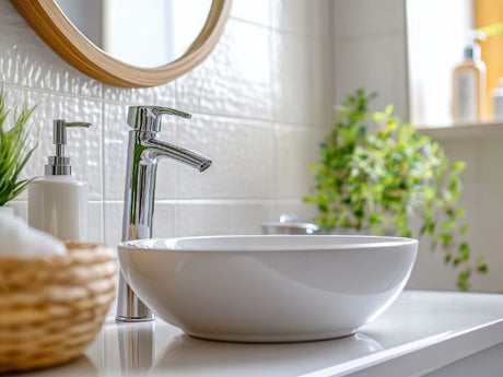 modern bathroom vessel sink with chrome faucet on vanity countertop beside round mirror