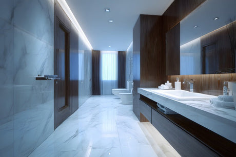 Modern bathroom interior with white marble flooring and dark timber accents