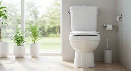 Clean white toilet in bright bathroom with plants, window light, and minimal decor.