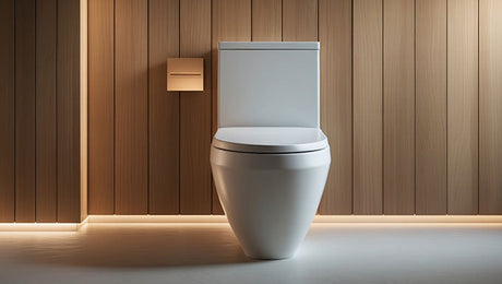 Modern white toilet with concealed cistern and flush plate against wooden wall panelling in a contemporary bathroom