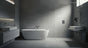 Modern minimalist bathroom interior with grey tiles, freestanding bathtub, and sleek fixtures