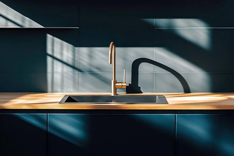 Modern kitchen mixer tap with streamlined design and premium finish installed above an integrated sink.