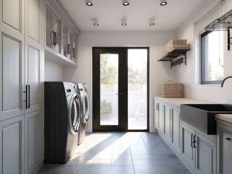 modern laundry room with front-load washer dryer, gray cabinets, farmhouse sink, glass door, tile floor