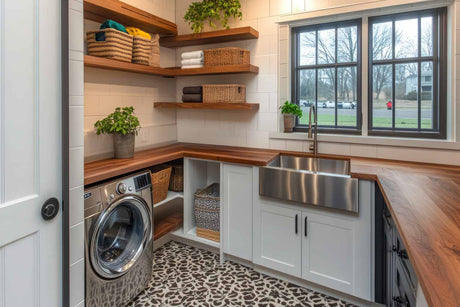 Modern laundry room with wood countertops, farmhouse sink, and front-load washer