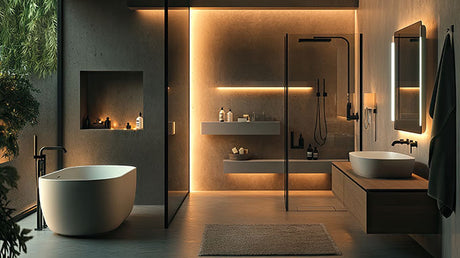 Modern luxury bathroom with freestanding tub, glass shower, and warm ambient LED lighting.