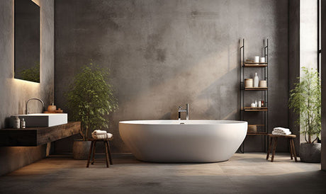 Modern spacious bathroom with freestanding bathtub, microcement walls, indoor plants and timber accents