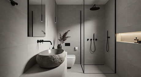Modern minimalist bathroom with stone vessel basin on floating vanity, matte black fixtures and pendant lights