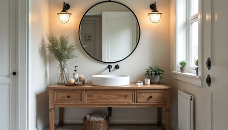 Modern powder room with marble vanity benchtop and round mirror