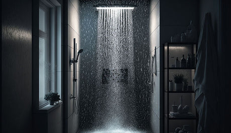 Modern dark bathroom with overhead rain showerhead running water