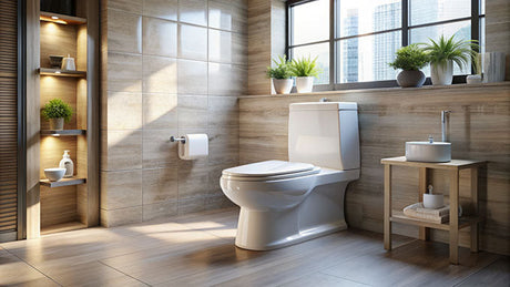 Modern bathroom with comfortable elevated close coupled toilet in contemporary design