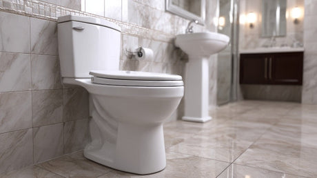 Modern white ceramic toilet with sleek design on marble flooring in a contemporary bathroom setting