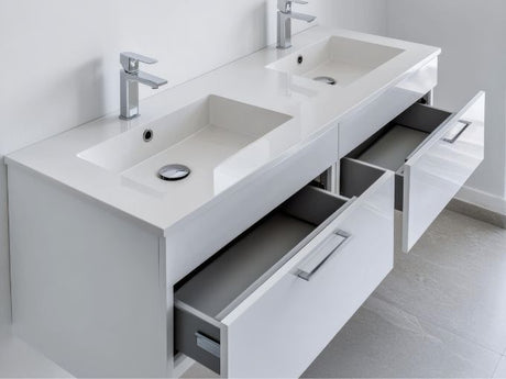 Modern white double sink bathroom vanity with open drawers and chrome faucets in minimalist bathroom