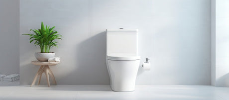 A modern white ceramic toilet in a clean, bright bathroom interior with minimalist design
