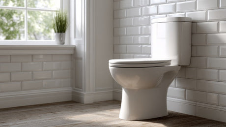 Modern white ceramic toilet in a bright clean bathroom representing the choice between P trap and S trap configurations.