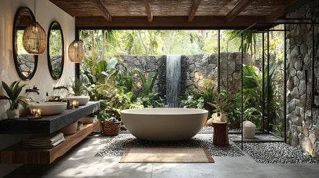 Tropical bathroom with freestanding tub, stone shower, garden view, and double vanity