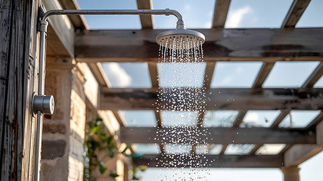 Refreshing outdoor shower with water cascading from a chrome showerhead under a wooden pergola