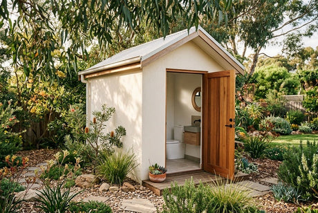 Compact white render outdoor toilet with timber door set amongst native Australian garden