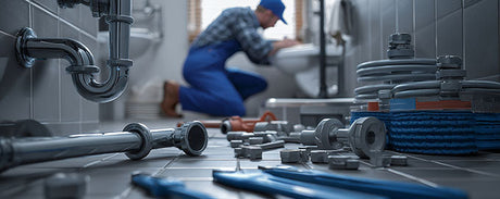 Plumber working on toilet with plumbing pipes and fittings on bathroom floor