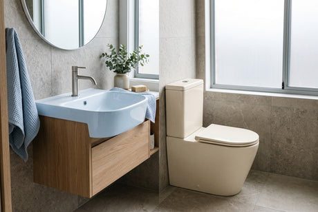 Modern bathroom with white basin, timber vanity and cream close-coupled toilet