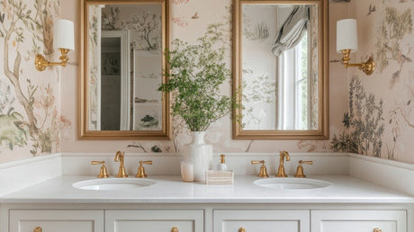 Bathroom double vanity with floral wallpaper, gold fixtures, framed mirrors, and white countertop.
