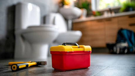 Red and yellow toolbox and wrench on bathroom floor beside white toilet