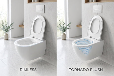 Side-by-side comparison of rimless and tornado flush wall-hung toilets