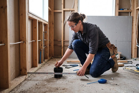 Female tradie kneeling on concrete floor measuring a rough-in toilet drain flange