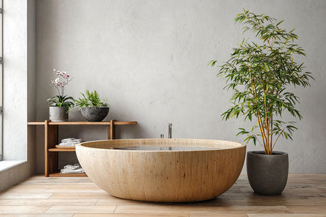 round wooden bathtub in spa bathroom with potted bamboo, shelf, towels, and plants