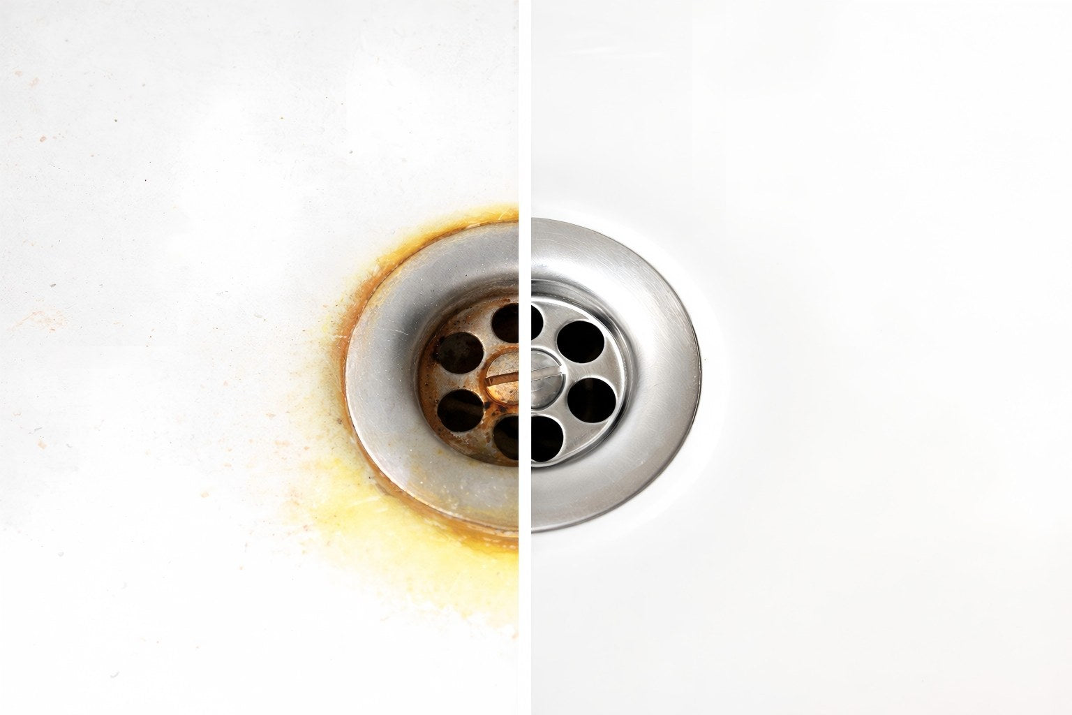 Split image showing rusty sink drain compared to clean stainless steel drain after cleaning.