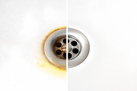 Split image showing rusty sink drain compared to clean stainless steel drain after cleaning.