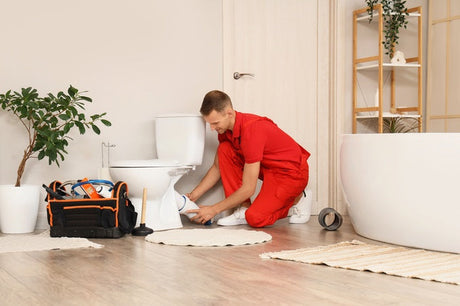 Plumber in red overalls kneeling to install toilet base in bright bathroom
