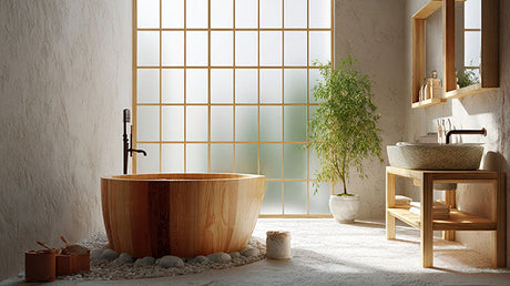 A serene Japanese-style bathroom with a round wooden soaking tub, shoji screen, and natural stone basin