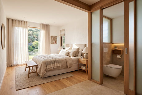 Neutral bedroom with timber-framed frosted glass sliding door revealing ensuite toilet