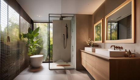 Modern bathroom with wood vanity, glass shower, freestanding tub, and large windows.